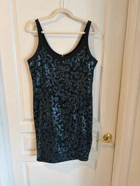 Apostrophe Blue sequined patterned Midi Dress with Gold Zipper